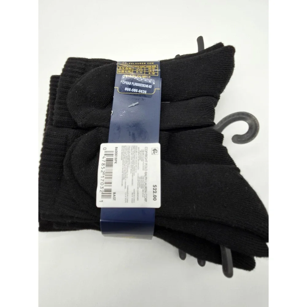 Polo Ralph Lauren Boys Black Crew Socks 6-Pack Pairs Boys Size 4-7 NWT